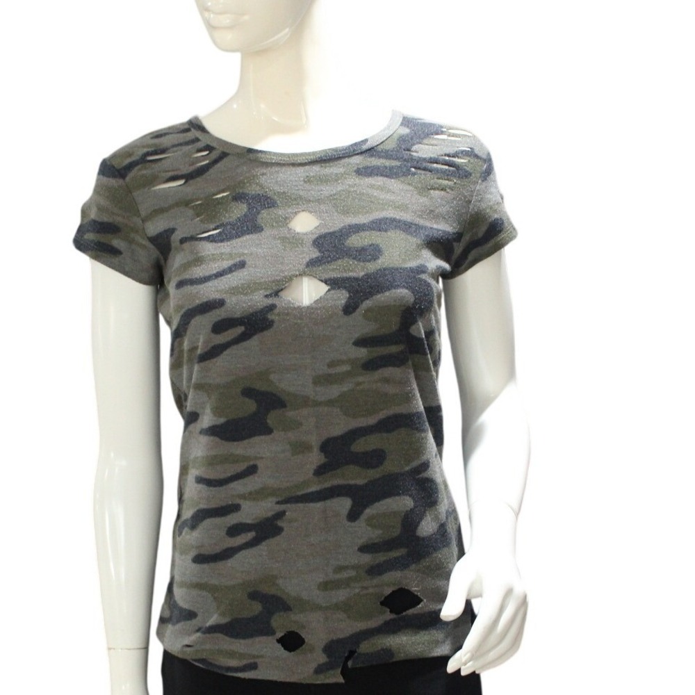 Derek Heart Camo Distressed T Shirt Small Olive Fitted Top